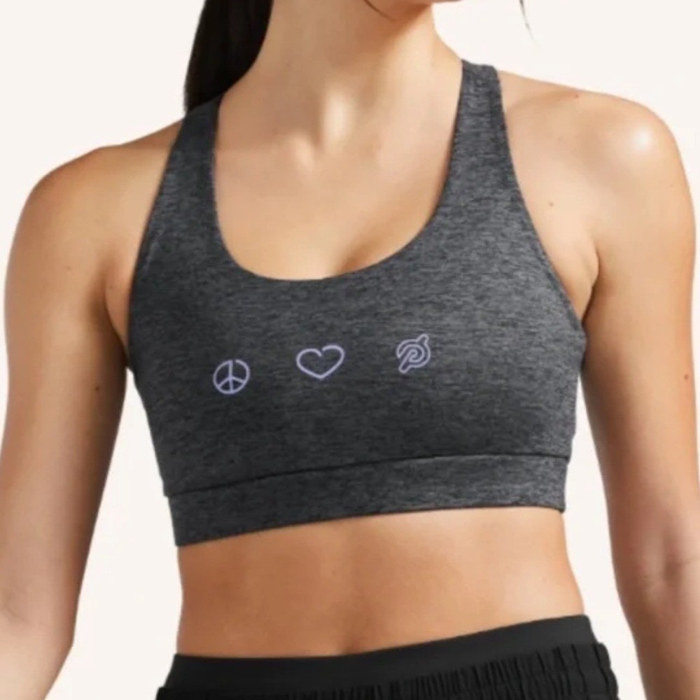 Peloton Womens Gray Heather Peace Heart Logo Cutout Racerback Sports Bra Size S